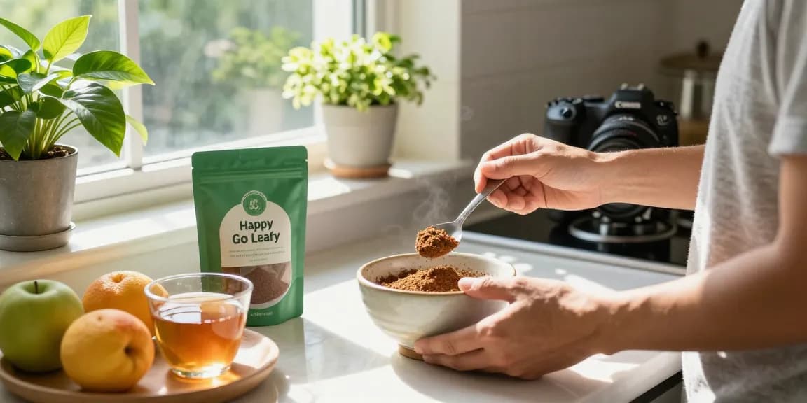 Mixing Happy Go Leafy's kratom powder for a healthy drink in a bright kitchen setting.
