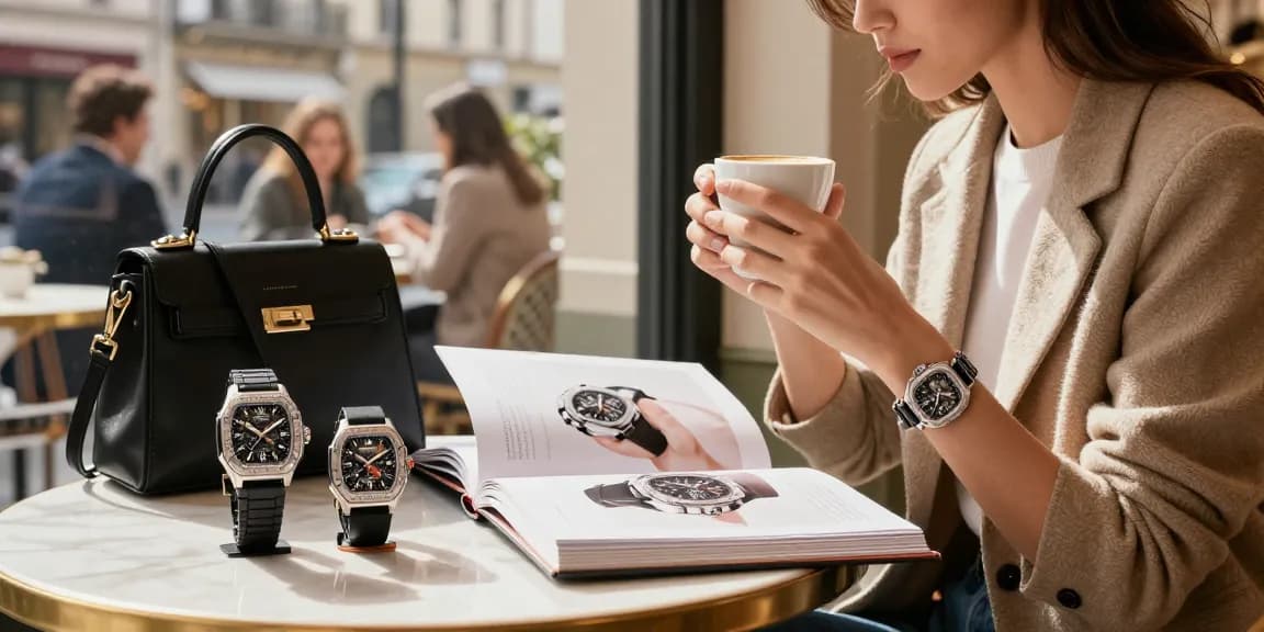 Stylish individual showcasing clone watches while enjoying coffee at a chic café.