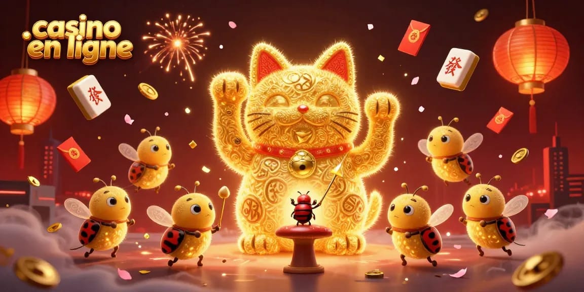 Casino en ligne : jouez et gagnez avec un chat porte-bonheur entouré de symboles fortunés.