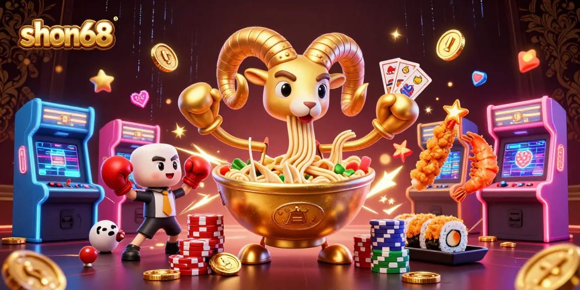 Experience the vibrant world of shon68 with lively characters and casino elements in an engaging 3D scene.