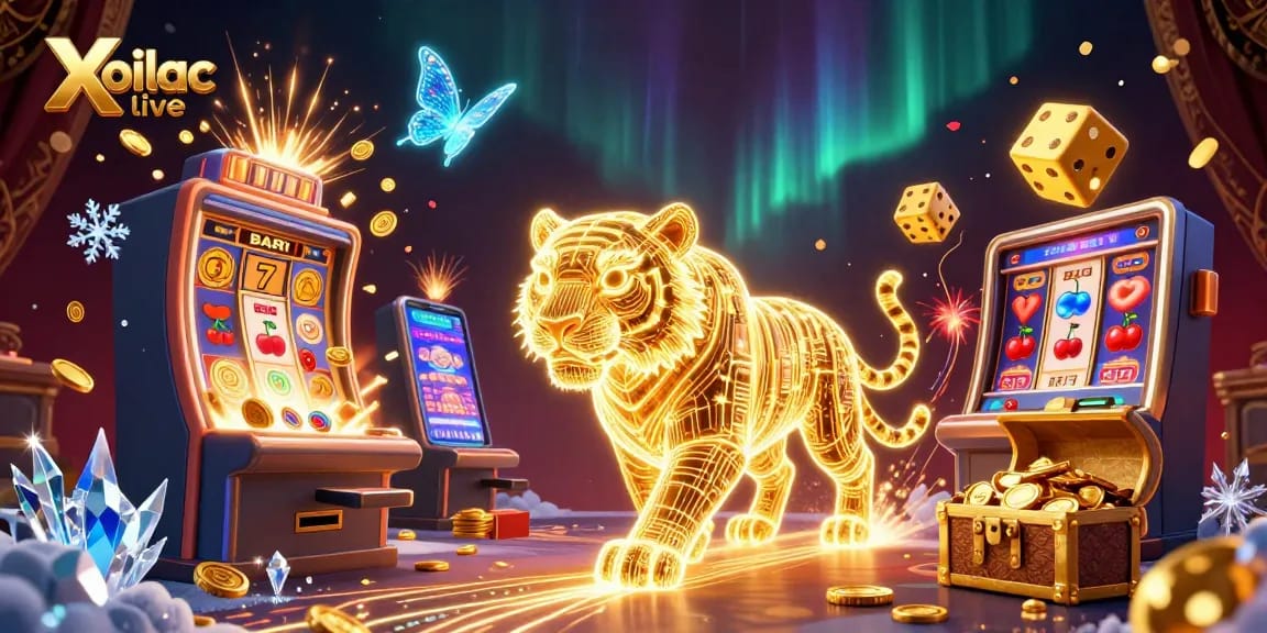 Xoilac live showcases thrilling gameplay with a golden tiger and a vibrant digital casino scene.