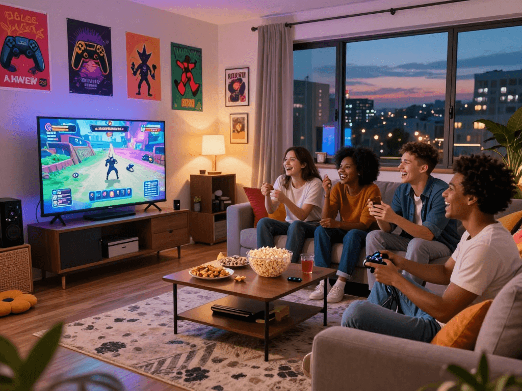 Friends enjoying an adult game in a cozy living room setting, laughter and excitement creating a lively atmosphere.