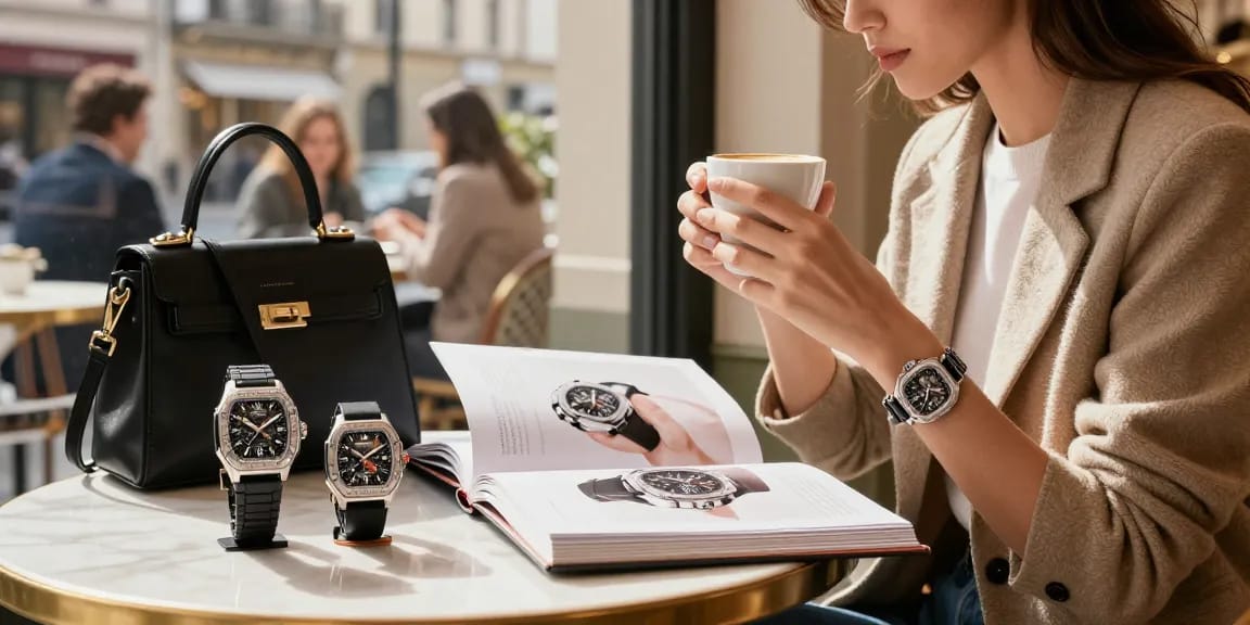 Stylish individual showcasing clone watches while enjoying coffee at a chic café.