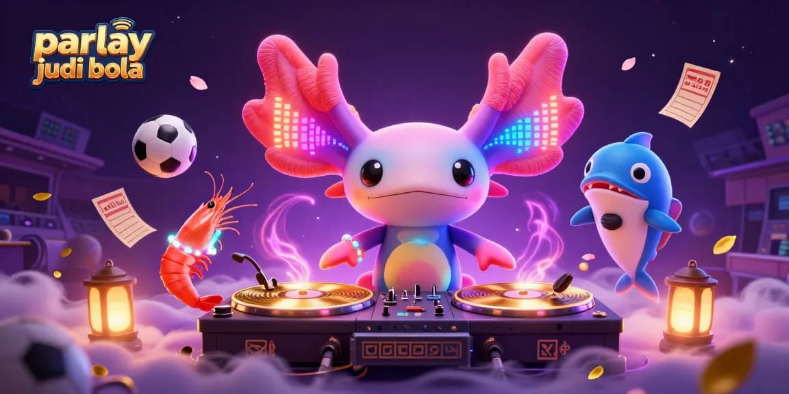 Experience parlay judi bola with a vibrant 3D illustration of a neon DJ and a lively underwater party.