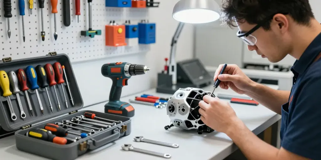 Technician using beta tools for precision assembly in a professional workshop