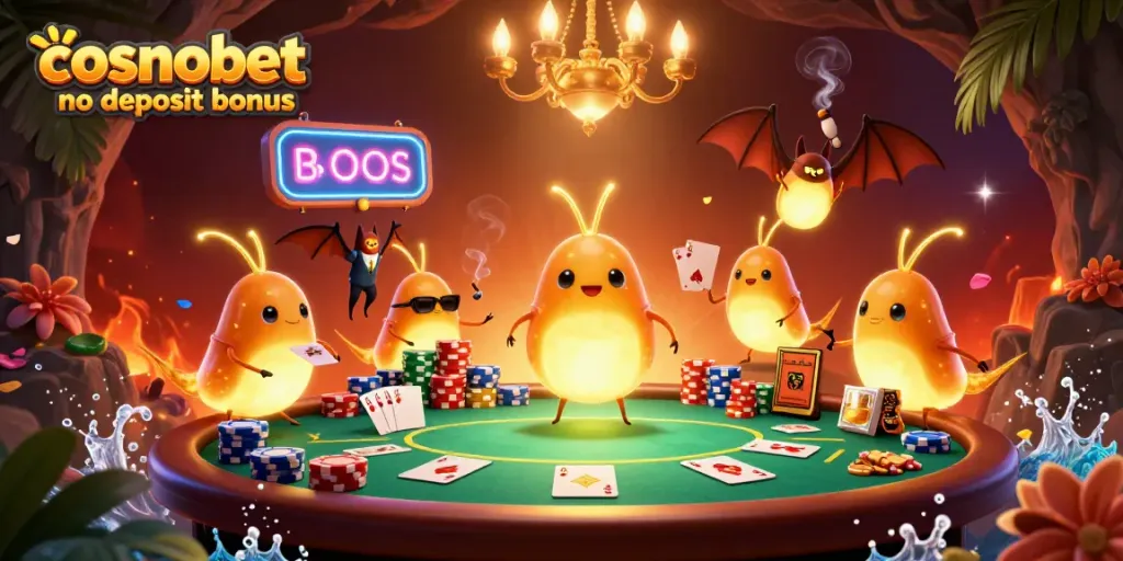 Claim your cosmobet no deposit bonus while enjoying a vibrant cave casino lit by glowworms.