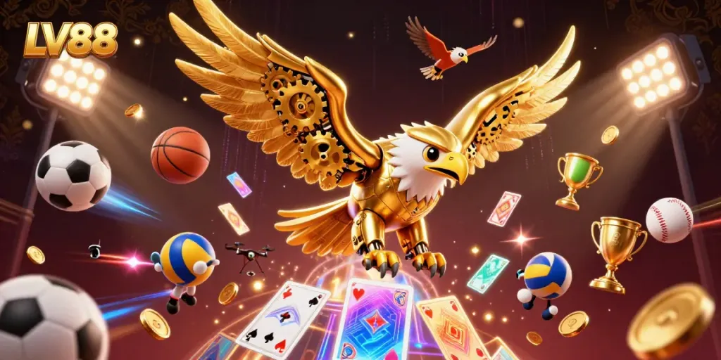 Experience the excitement of LV88 through a thrilling illustration of a cybernetic eagle amidst dynamic casino elements.