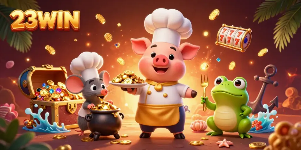 Engage with 23WIN through a vibrant 3D illustration showcasing chefs and casino elements.