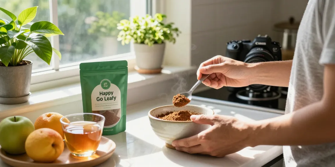 Mixing Happy Go Leafy's kratom powder for a healthy drink in a bright kitchen setting.