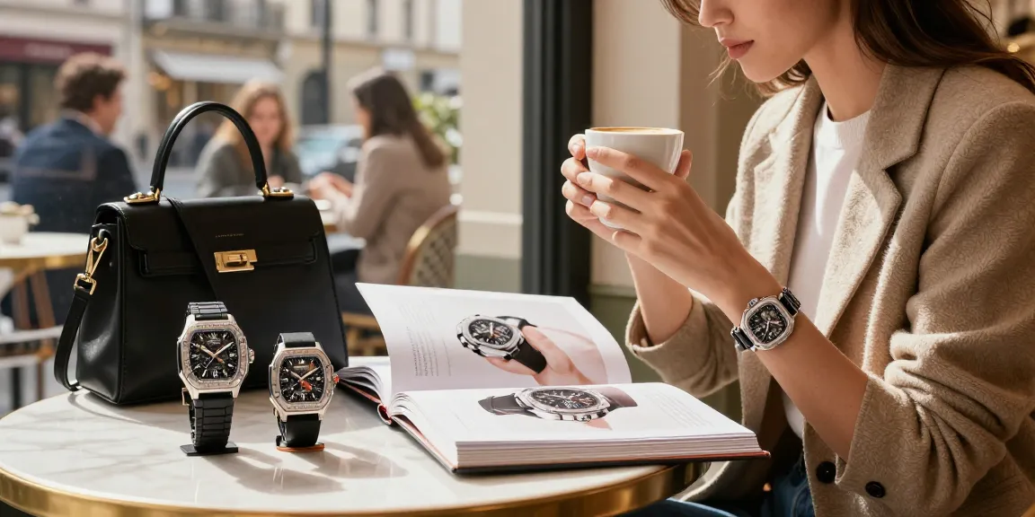 Stylish individual showcasing clone watches while enjoying coffee at a chic café.