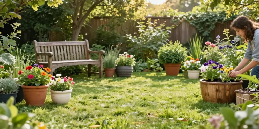 A vibrant garden showcasing various garden planters in the UK, featuring colorful flowers and lush greenery.