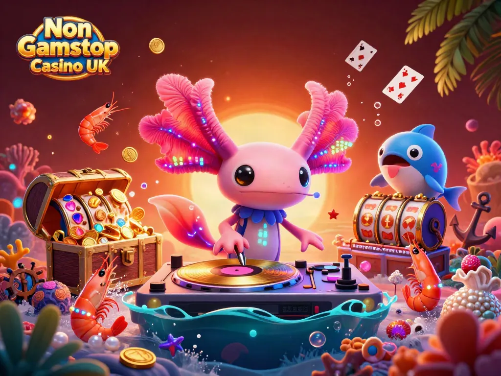 Engaging scene featuring a neon axolotl DJ and sea creatures for Non Gamstop Casino UK.