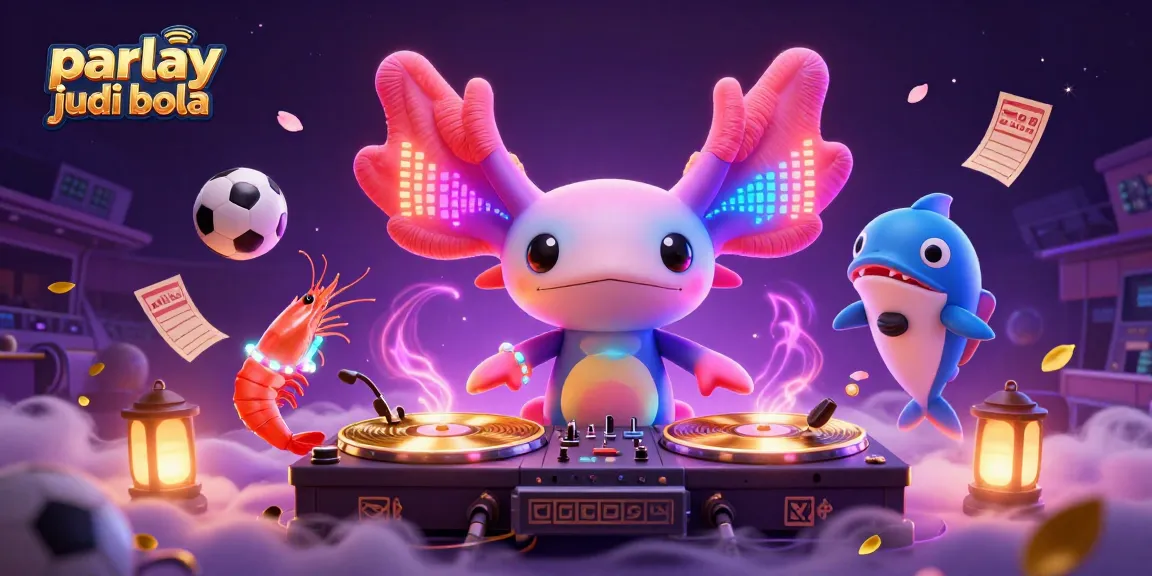 Experience parlay judi bola with a vibrant 3D illustration of a neon DJ and a lively underwater party.