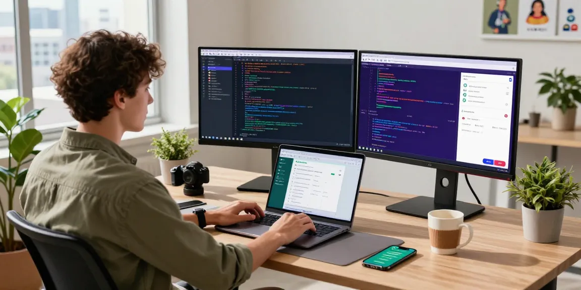 Developer using WhatsApp下載 features at a modern workspace with coding tools and vibrant screens.