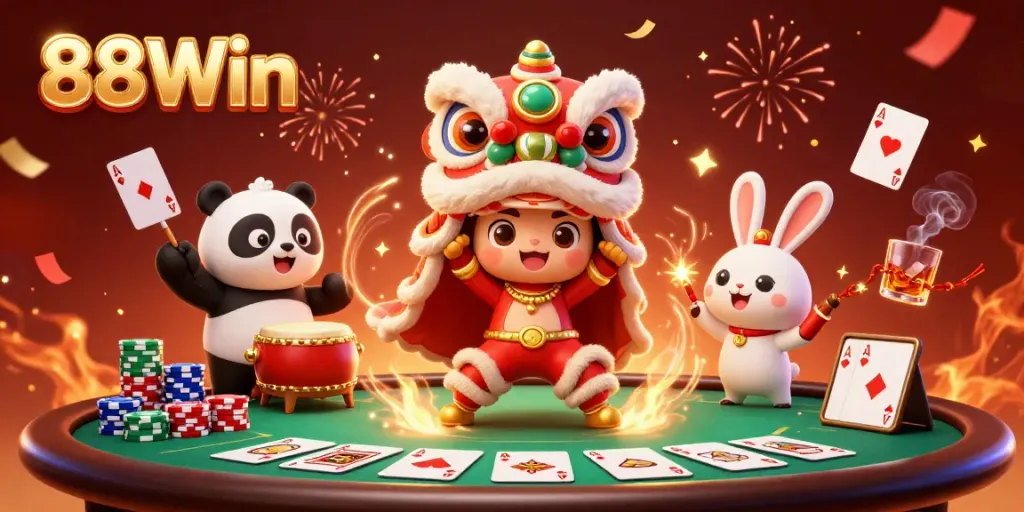 Experience the thrill of 88Win with vibrant elements from a festive casino scene featuring engaging characters.