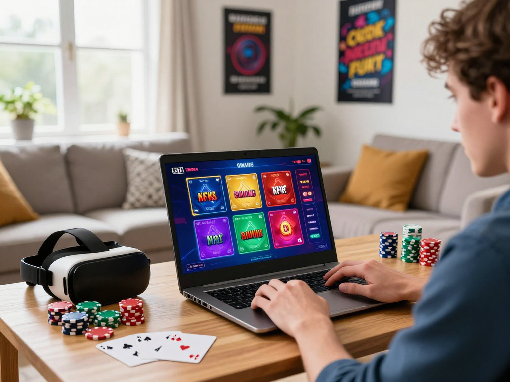 Engaged UK player exploring USA online casinos on a vibrant laptop in a cozy room.