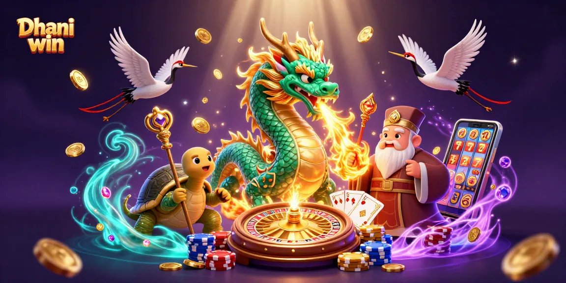Dhani win dragon and turtle mascot surrounded by casino elements like coins and roulette.