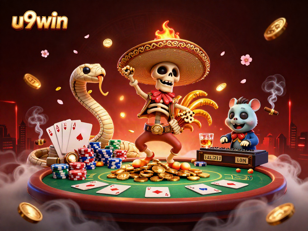 Engage with u9win as a dynamic casino scene showcases a victorious mariachi rooster amidst poker excitement.