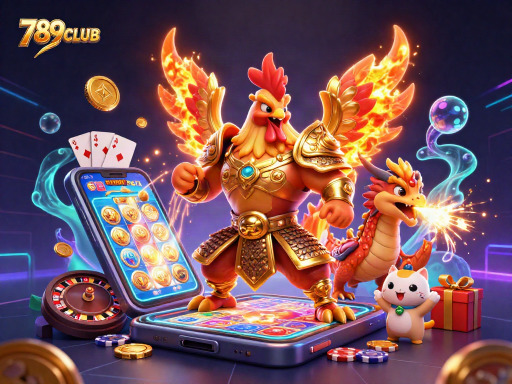 Engage with 789CLUB slot games through epic battles featuring a rooster warrior and dragon hatchling.