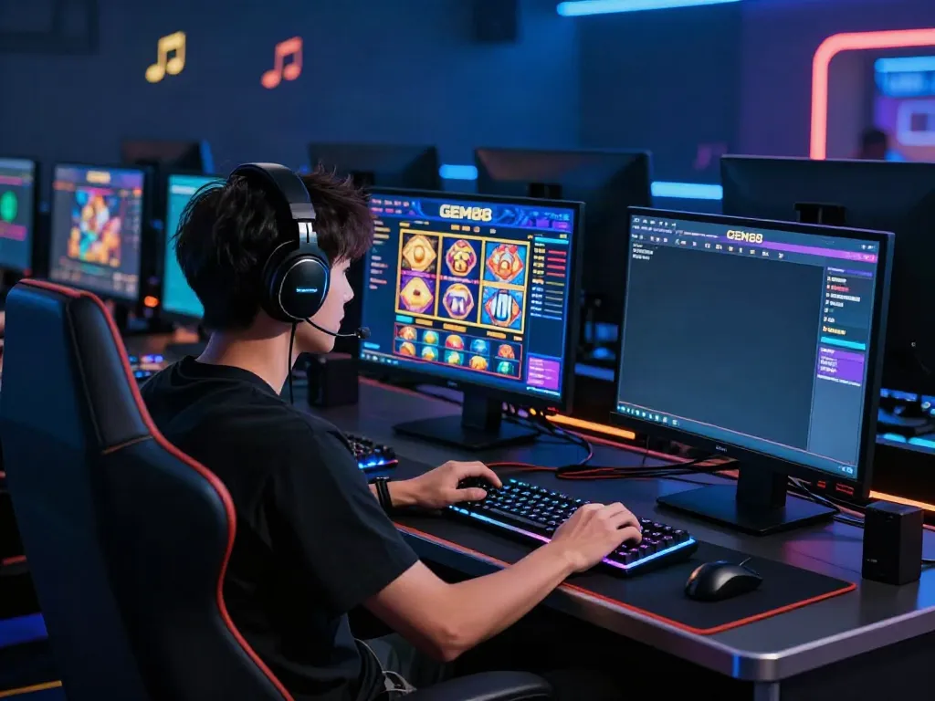 Engaging online gaming scene featuring a dedicated player on the nhà cái gem88 platform, immersed in the vibrant slot games and dynamic live casino interfaces.