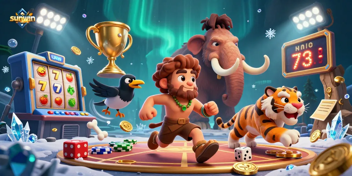 Experience dazzling slots action at sunwin in a prehistoric casino filled with vibrant gaming elements.