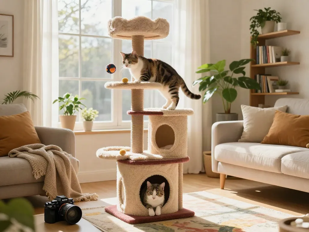 Cat tree in a sunny living room, featuring a playful cat exploring its multi-level design.