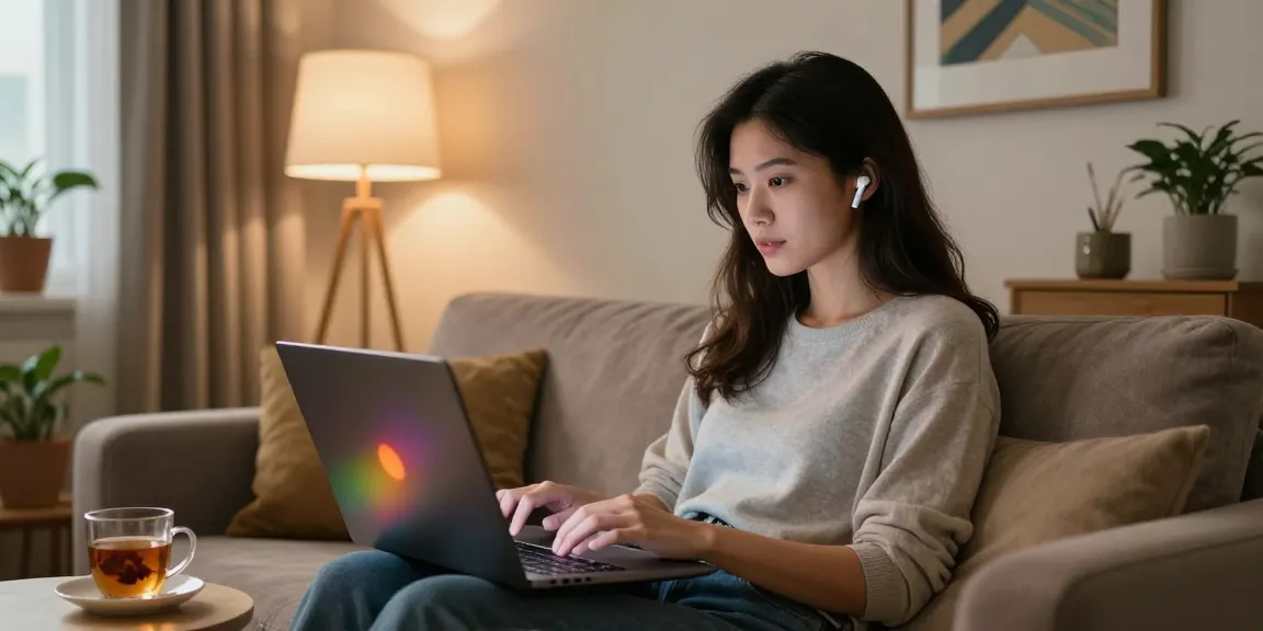 Young woman enjoying an AI sex chat in a cozy home office, reflecting a relaxed and engaging atmosphere.