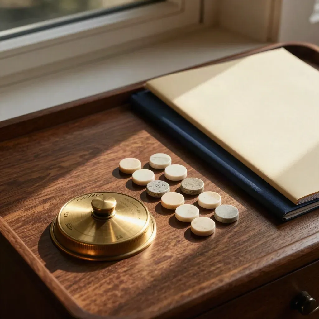 Brass dial, allocation tokens and closed folders on a walnut tray by a window.