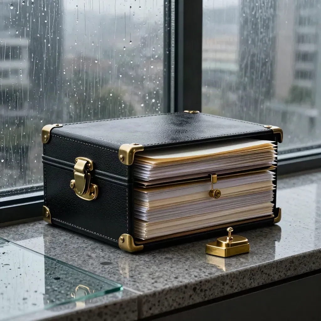 Risk control corner with portfolio case, brass paperweight and rain-streaked skyline.