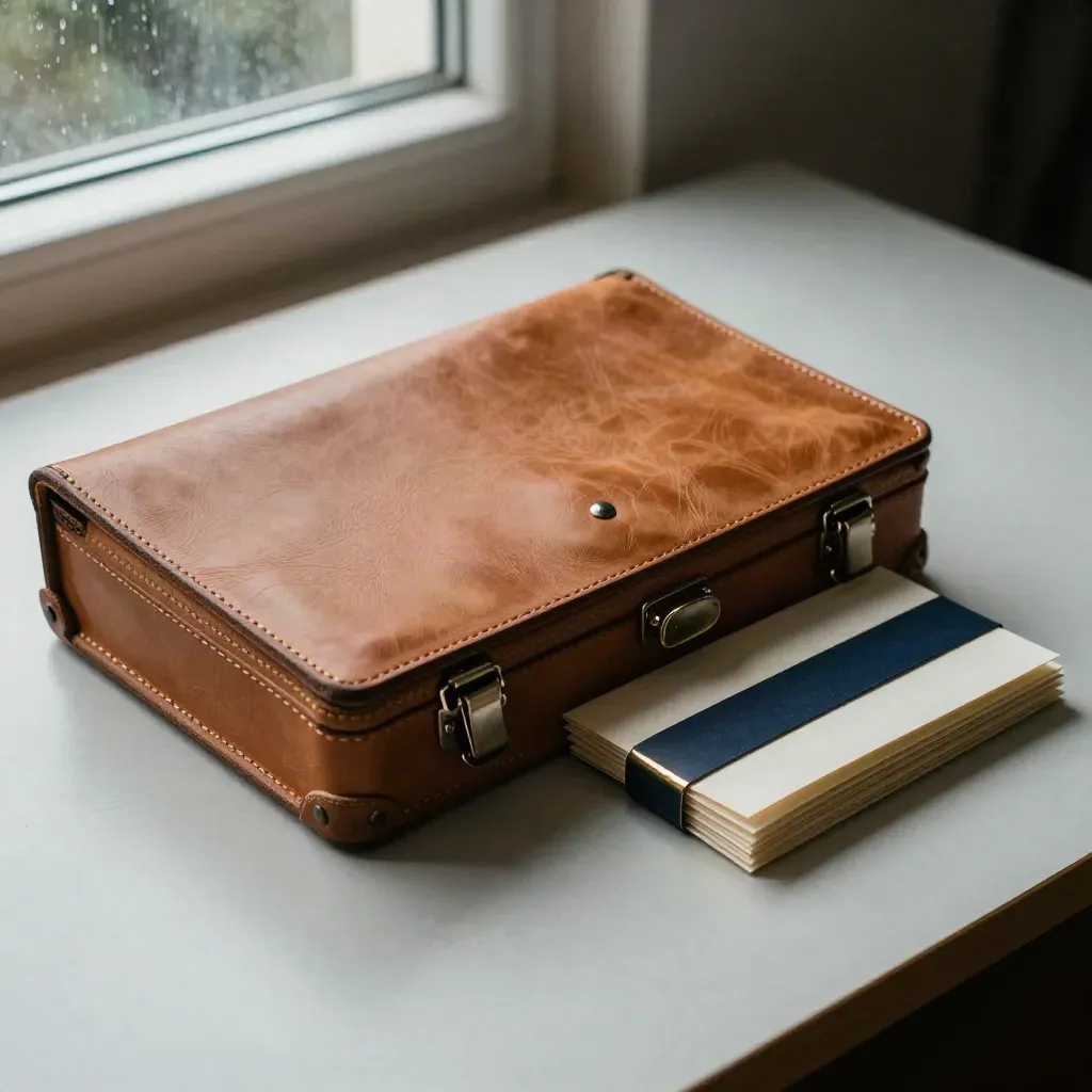 Leather private credit case half-latched beside sealed borrower packs on a pale desk