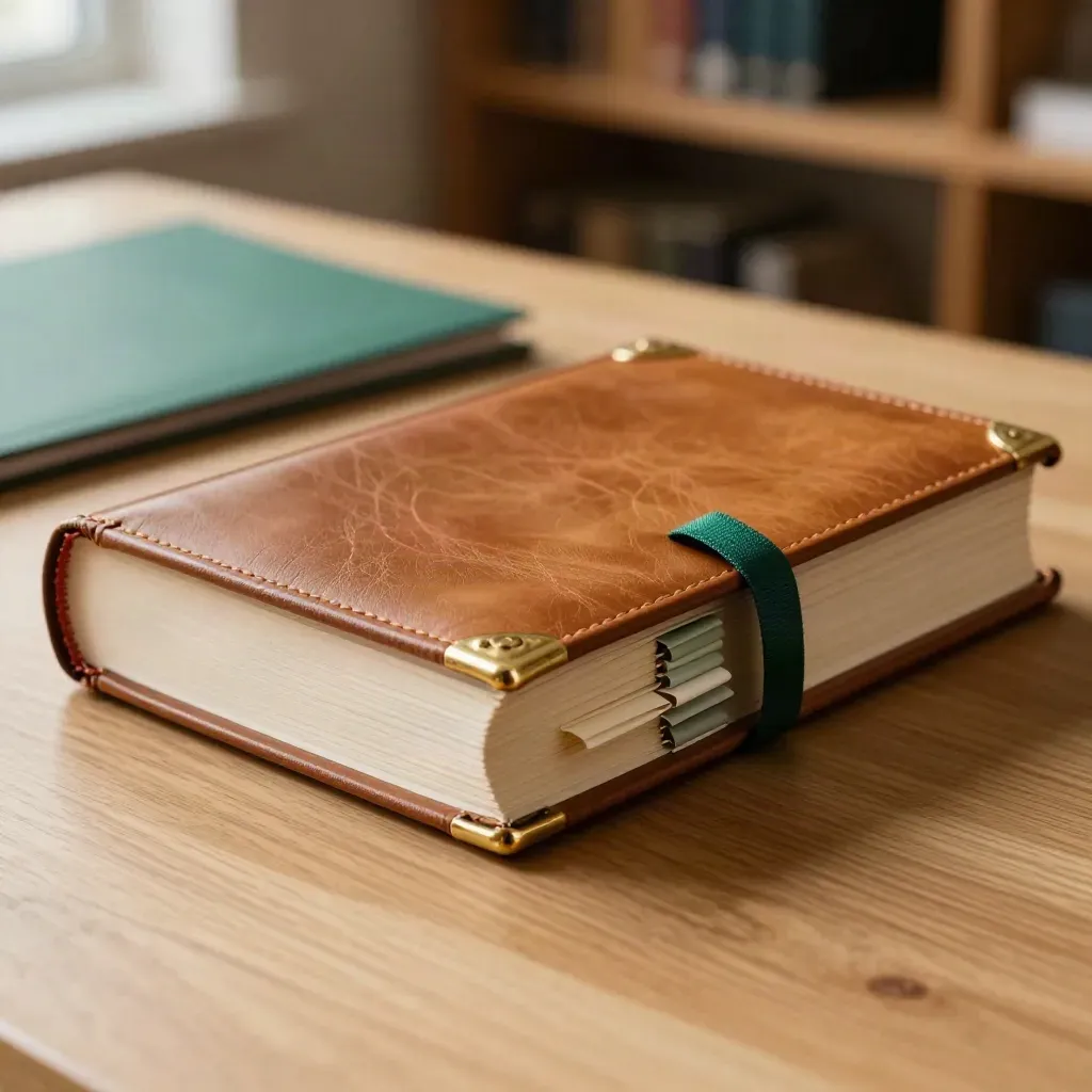 Closed family office ledger with ribbon and brass corners on oak, softly lit in warm emerald tones.