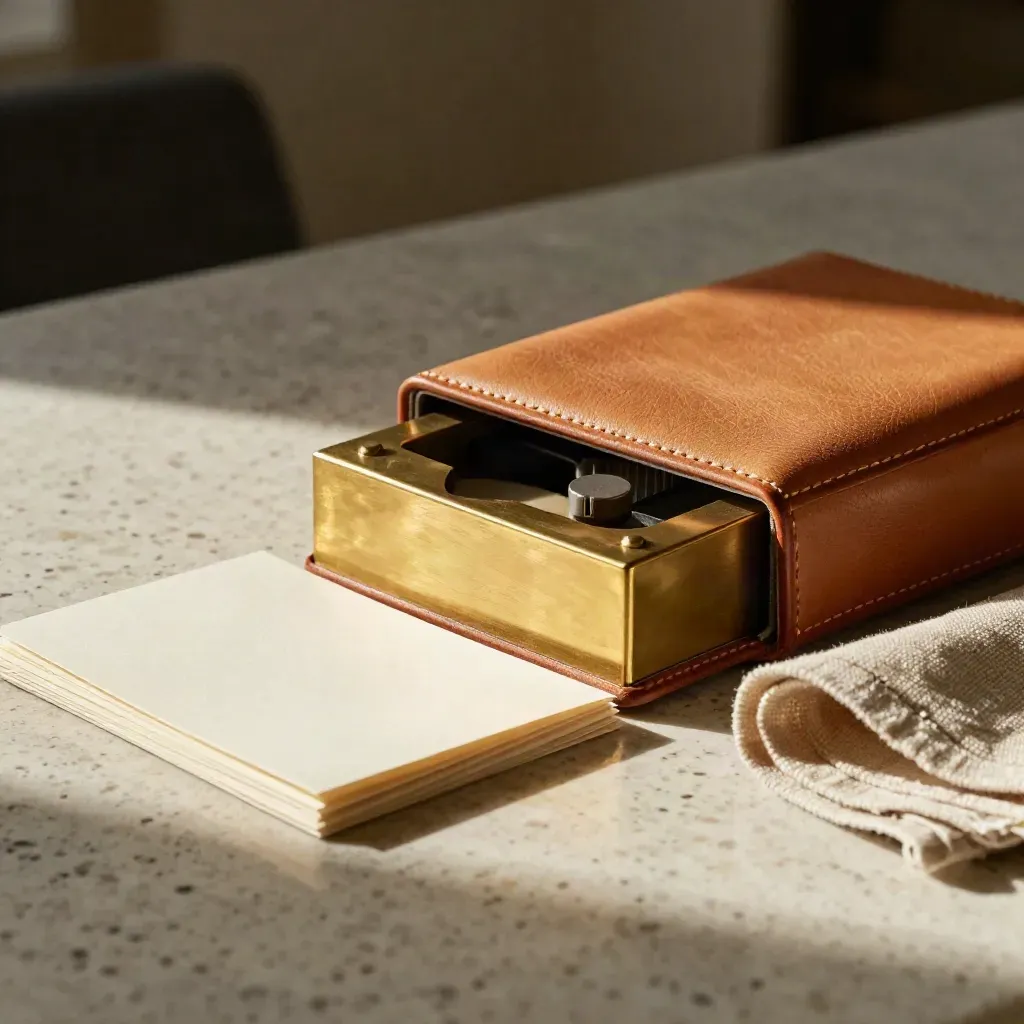 Brass paperweight, linen cloth, leather case and invitation cards on a pale capital raise desk.