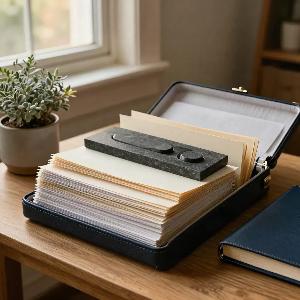 Open due diligence file case with tabbed dividers, plant and paperweight on a sunlit table.