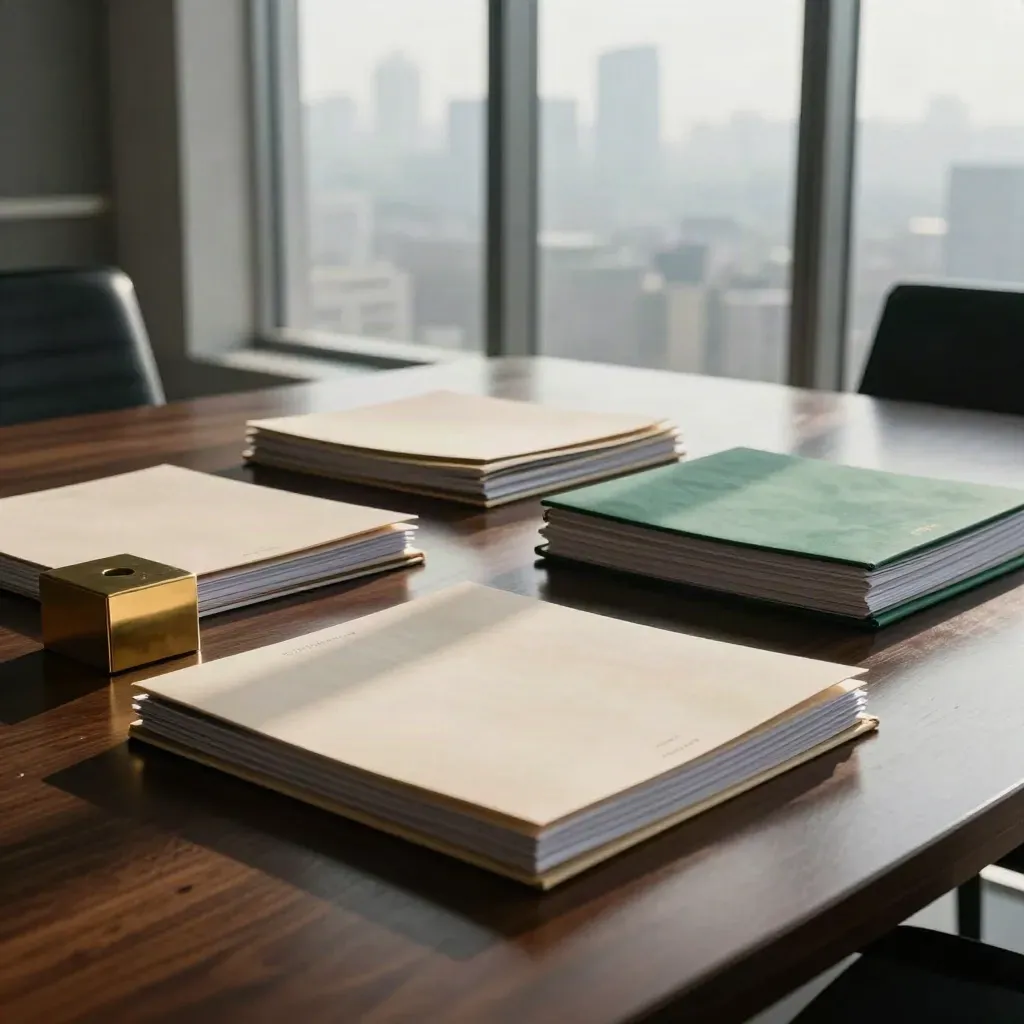 UK market brief folders on a walnut table beside brass, with a hazy skyline beyond