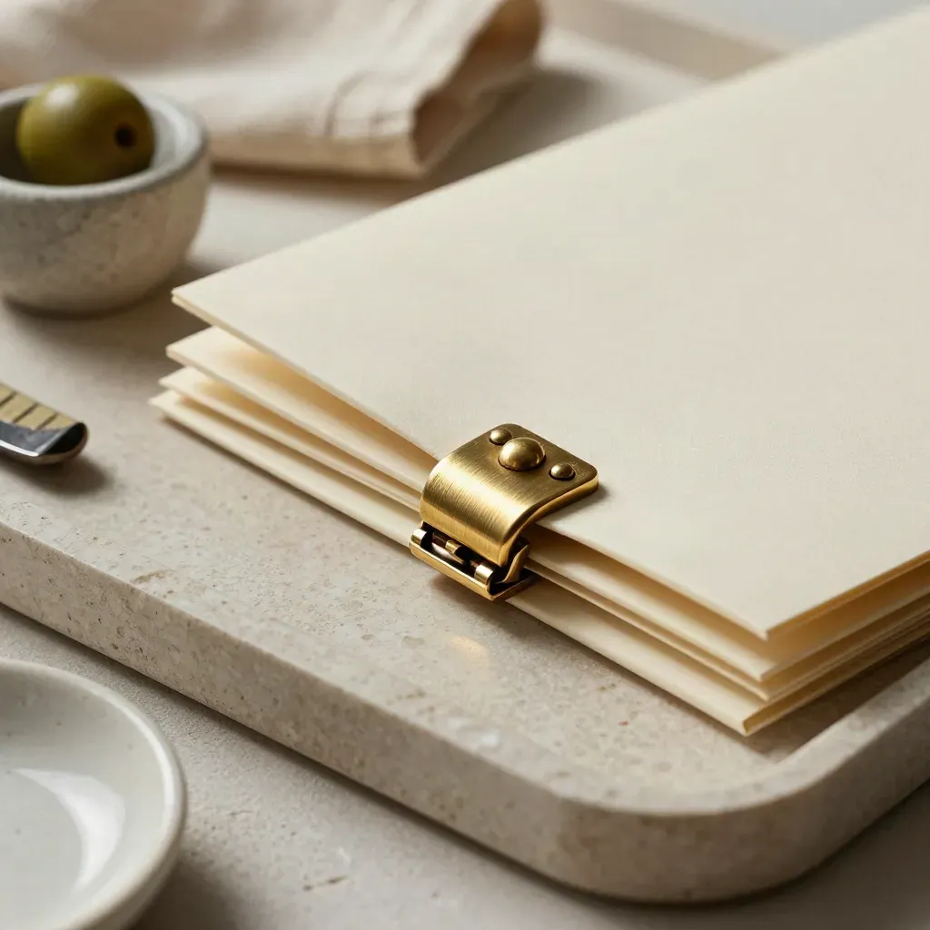 Cream mandate folder with brass clasp, olive cutting, linen cloth and ceramic dish on stone tray.