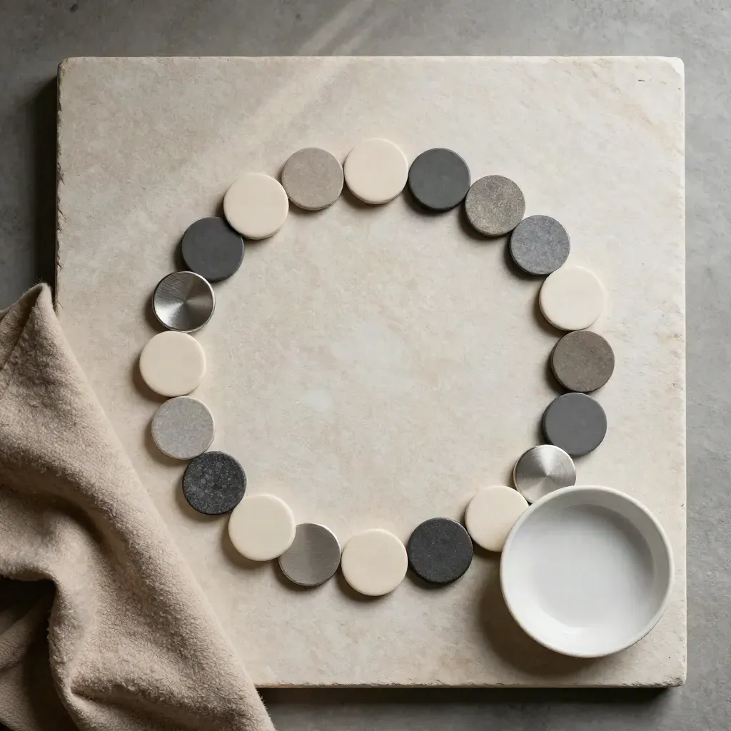 Top-down finance flatlay of neutral tokens, folded wool cloth and ceramic dish on pale stone.
