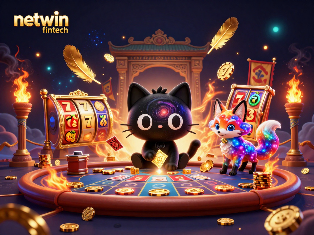 Engage with netwin fintech as a black hole cat attracts casino chips in a vibrant cosmic scene.