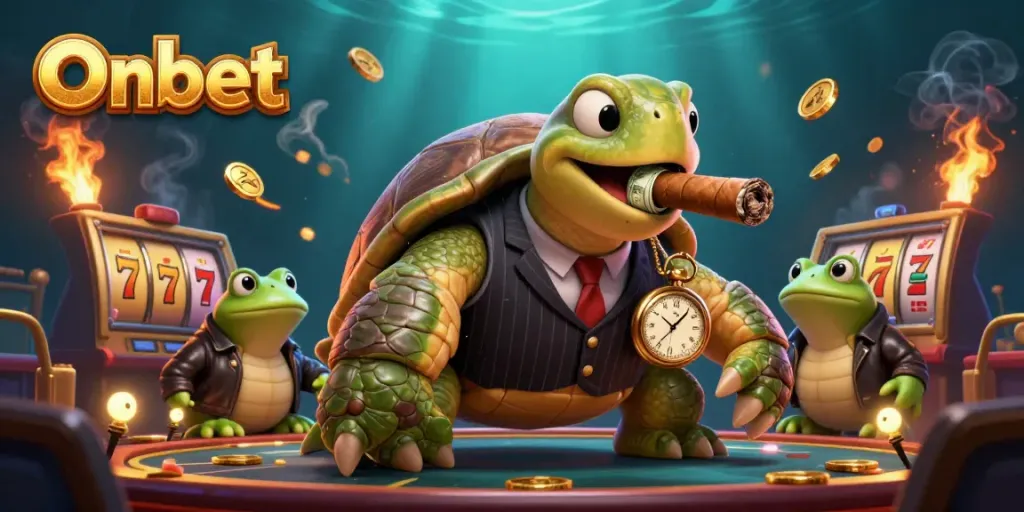 Engage with Onbet's thrilling casino scene featuring a snapping turtle and bullfrog enforcers amidst dynamic slot game elements.