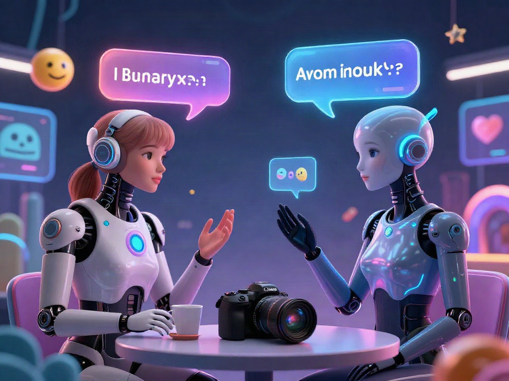 Flirty interaction in ai sex chat between futuristic avatars in a vibrant digital landscape.