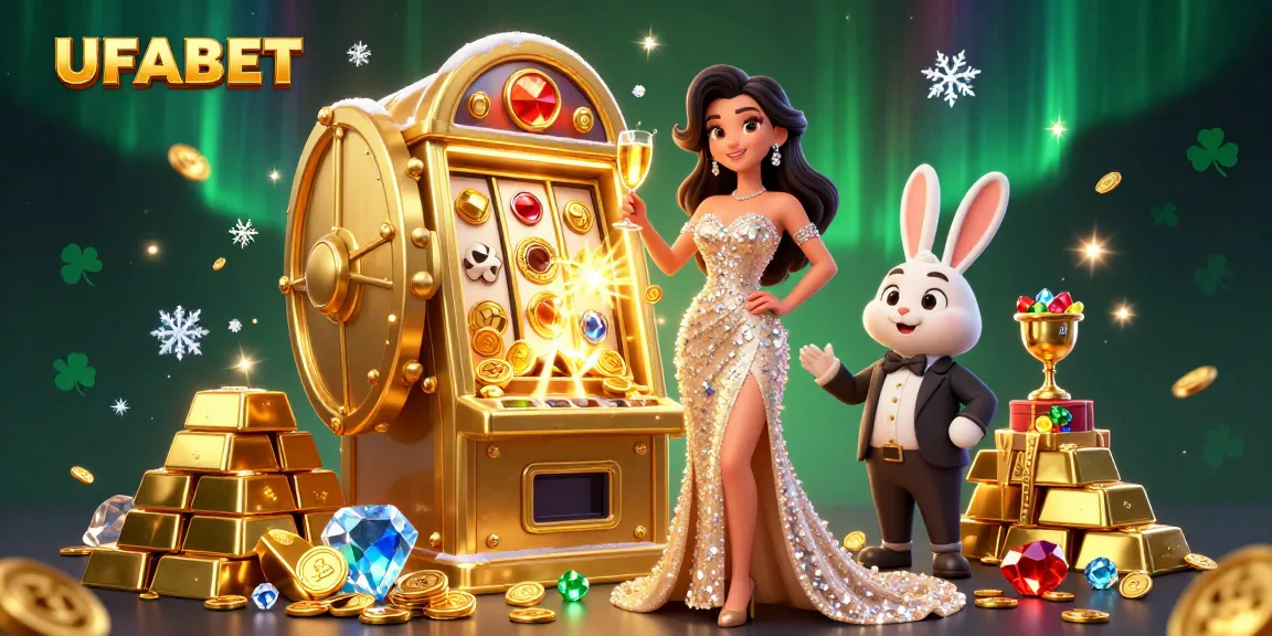 Experience thrilling wins with UFABET's dazzling casino scene featuring a spectacular slot machine and lively characters.