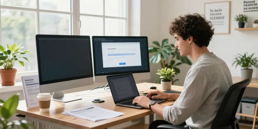 Register .co.uk domain name process in a bright office workspace with entrepreneurial elements.