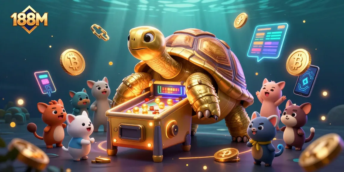 Engage with 188M's thrilling gaming scene featuring a golden tortoise pinball machine surrounded by excited players.