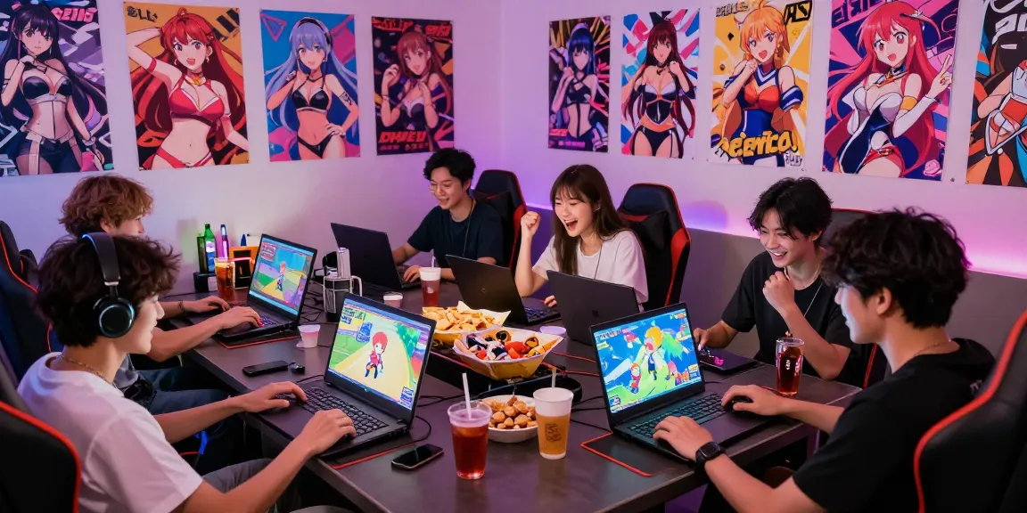 Group enjoying ecchi games in a vibrant gaming lounge with colorful decor.