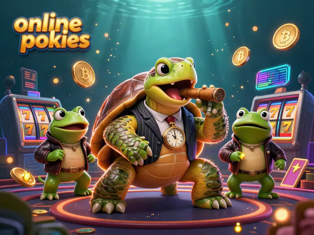 Experience the thrill of online pokies with a 3D snapping turtle and bullfrogs amidst slot reels.