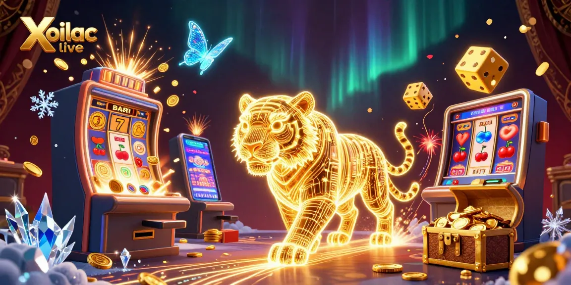 Xoilac live showcases thrilling gameplay with a golden tiger and a vibrant digital casino scene.