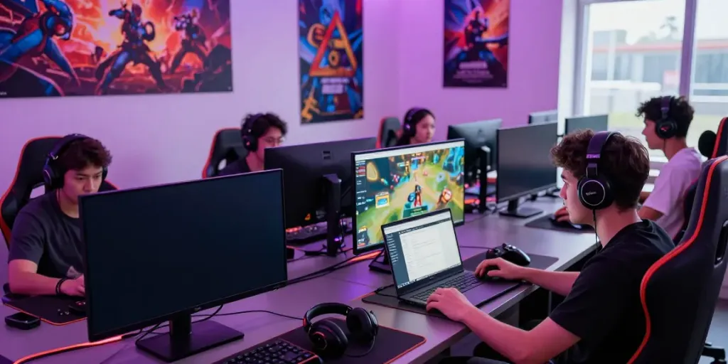 Dynamic online gaming scene with DEBET platform showcased on screens in 2026 atmosphere.