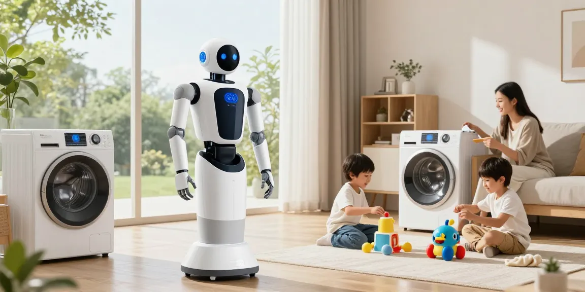 home robot 2026 assisting a family in a modern living room