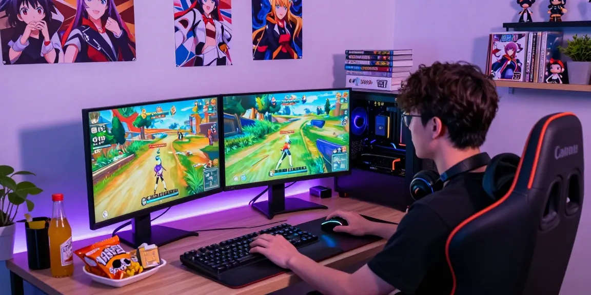 Engaged gamer exploring ecchi games on dual monitors in a vibrant gaming room.