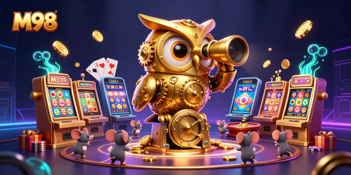 M98 casino scene showcasing a clockwork owl and playful mice amid golden slots and chips.