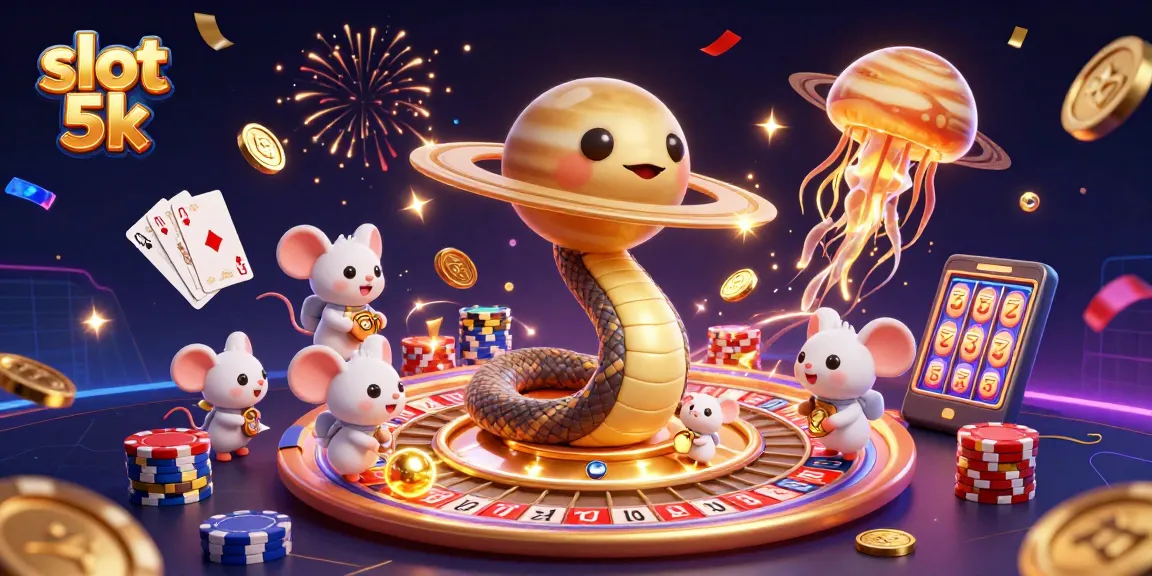 Experience the excitement of slot 5k with a 3D view of playful characters in cosmic casino action.